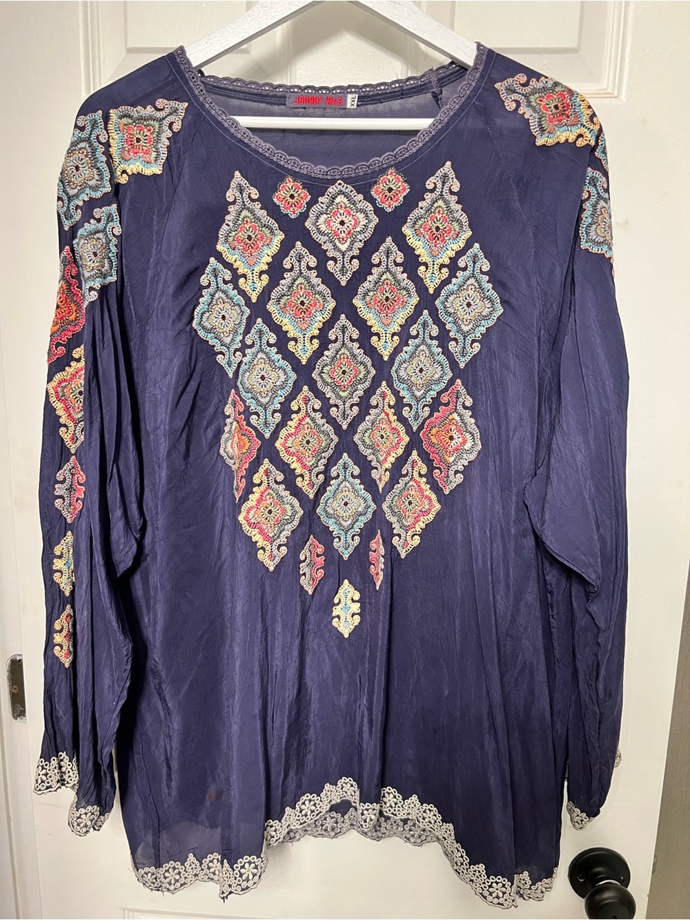 Johnny Was Boho Embroidered Navy Long-Sleeve Tunic
